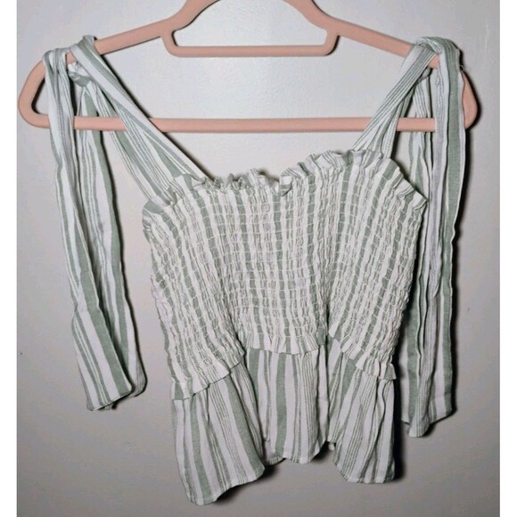 Lazy Sundays Medium Smocked Green/White Striped Smocked Crop Top, Size M - Picture 3 of 5